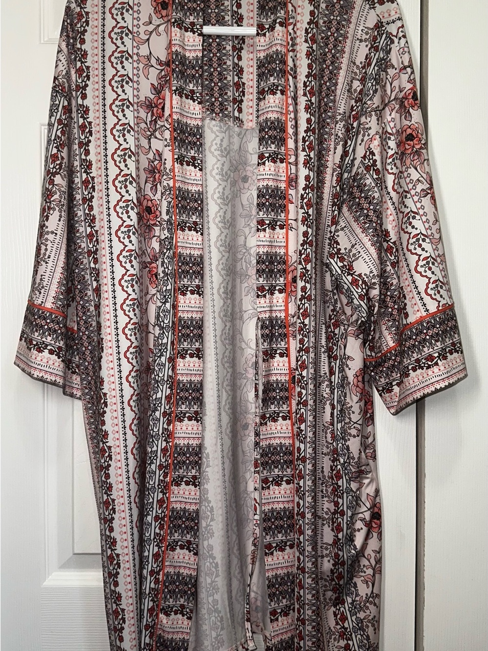 La Vie en Rose Bohemian Floral Stripe Open-Front Kimono Cardigan - Pink/Black Lg